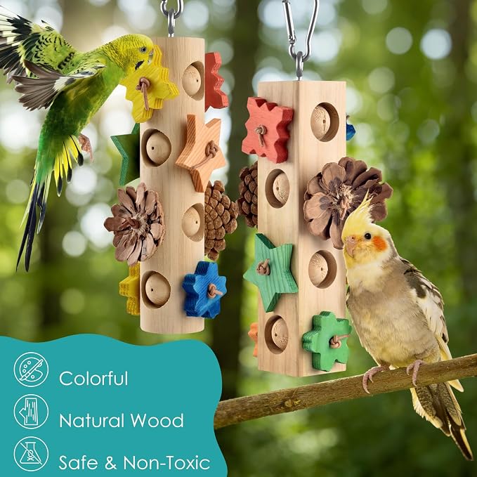 DBNESS Bird Toys for Parrot, 2 Pcs Hanging Colorful Wood Blocks Pinecones Parakeet Chew Foraging Toy for Beak-Grinding, Cage Accessories for Small to Medium Budgies, Cockatiels, Caiques, Conures