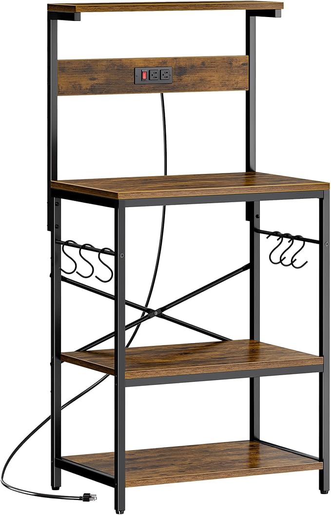 SUPERJARE Kitchen Bakers Rack with Power Outlet, Coffee Bar Table 4 Tiers, Kitchen Microwave Stand with 6 S-Shaped Hooks, Storage Shelf Rack for Spices, Pots and Pans - Rustic Brown