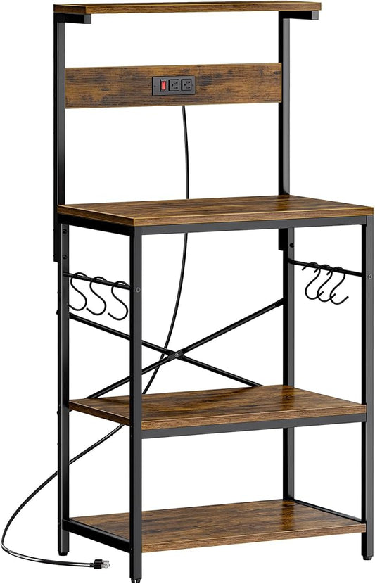 SUPERJARE Kitchen Bakers Rack with Power Outlet, Coffee Bar Table 4 Tiers, Kitchen Microwave Stand with 6 S-Shaped Hooks, Storage Shelf Rack for Spices, Pots and Pans - Rustic Brown