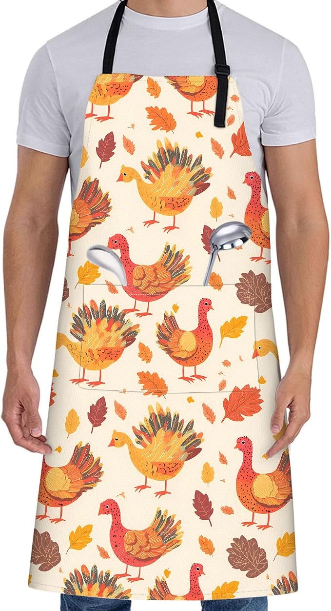 Cute Turkey Apron for Women with Thanksgiving,28x33in,Festive Fall Kitchen Aprons with 2 Pockets,Oxford Fabric,Autumn Adjustable Black Apron for Cooking Baking Gardening Chef,Gifts