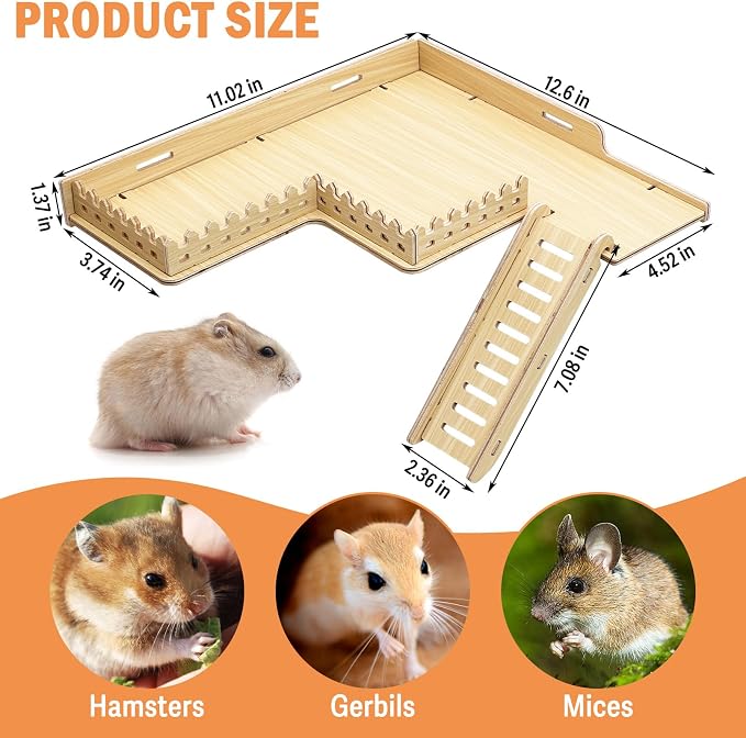 Fhiny Wooden Platform for Cage, Hanging Gerbil Climbing Platform with Ladder & Fence - Hamster Activity Playground Habitat Decor Cage Accessories for Dwarf Hamster, Gerbil, Mice, Rat, Mouse
