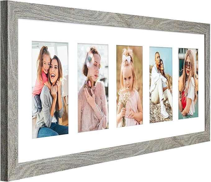 8x24 Collage frame with 5 Openings 4X6 Pictures, Multiple Picture Frame with Mat, Wall or Tabletop Decor, Grey Wood Grain (1 Pack)