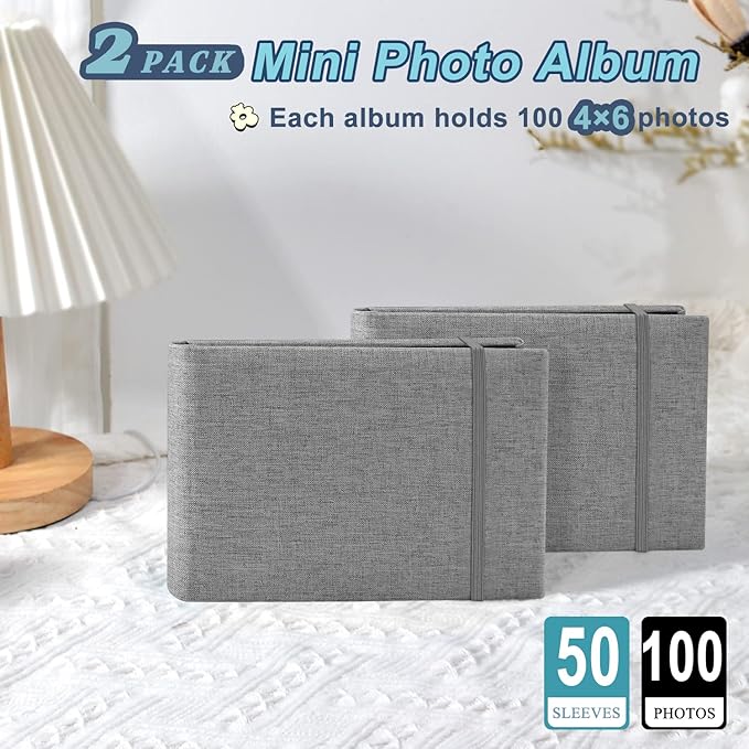2PACK 4x6 Photo Album, 4x6 100 Pockets Linen Cover Photobook Small Capacity Pictures Book Easy to Classify and Portable for Wedding Family Baby Vacation (Grey)