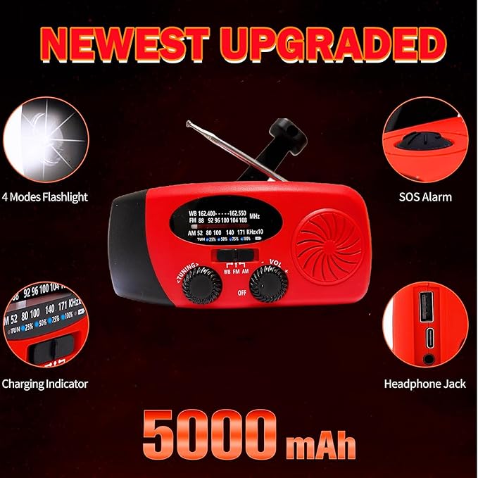 Solar Emergency Hand Crank Weather Radio, Portable Self Powered NOAA AM/FM Radios with SOS Alarm LED Flashlight 5000mAh Smart Phone USB Charger for Camping (Red)