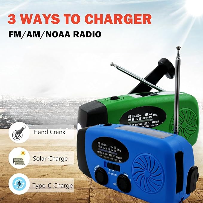Solar Emergency Hand Crank Weather Radio, Portable Self Powered NOAA AM/FM Radios with SOS Alarm LED Flashlight 5000mAh Smart Phone USB Charger for Camping (Blue)
