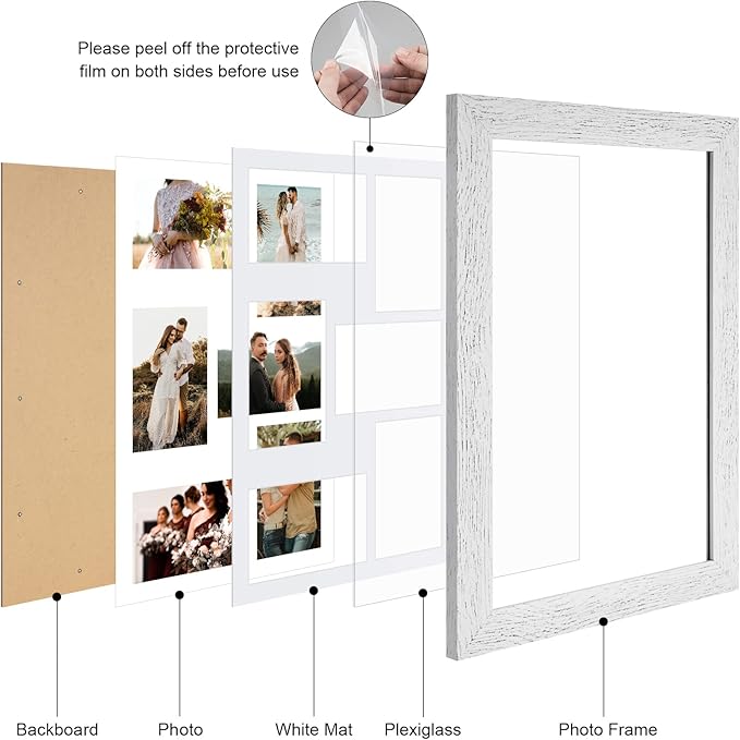 11x17 Picture Frame Display 6 picture frame collage 4x6,Multi Photo Frame with Mat,Plexiglass,Wall Mount Decor,Distressed White Wood Grain
