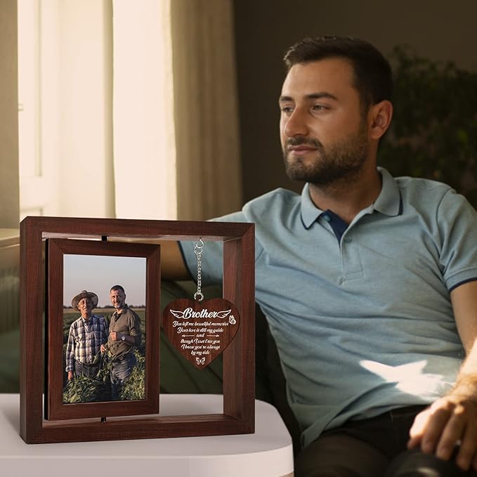 Memorial Gifts for Loss of Brother,Rotating Wooden Picture Frame, Sympathy Gift Keepsake, Healing Grief Gift for Loss of Brother, Remembrance for Funerals, Memorial Ceremonies, Fits 4x6 In Photo