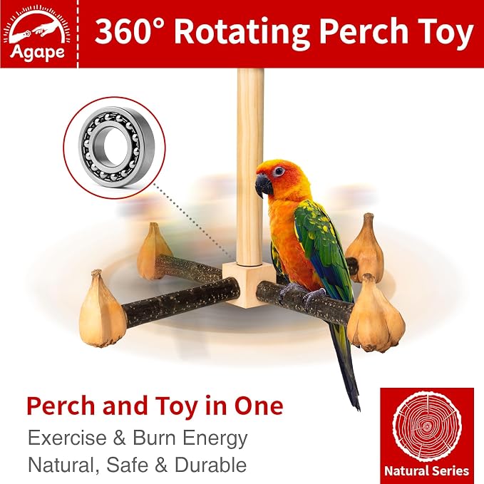 Agape Rotating Parrot Perch with Chew Toy, Wooden Stand for Small Birds | Natural Bird Cage Accessory for Parakeets, Cockatiels, Lovebirds, Conures, Budgies, Helps Reduce Boredom & Encourage Exercise
