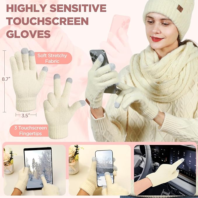 Womens Beanie Hat Infinity Scarf Touchscreen Gloves Fleece Headband 4 in 1 Winter Clothes Set Gifts for Women