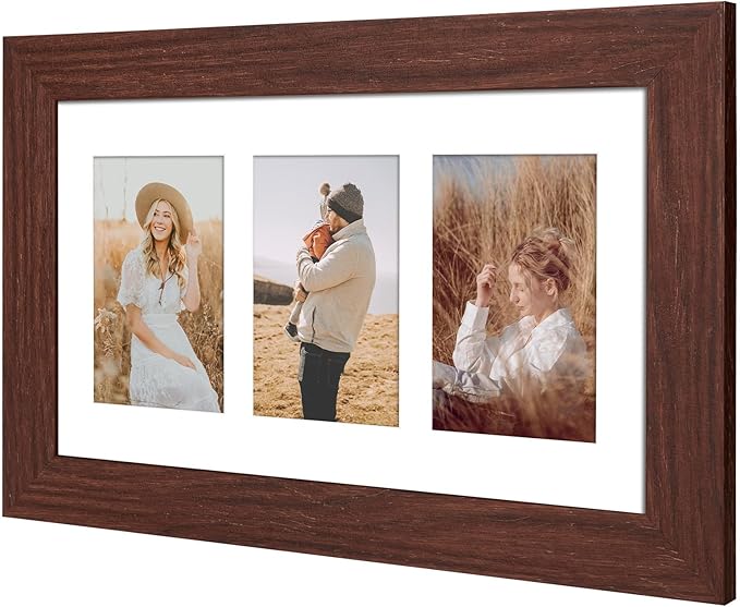 8x14 Picture Frame Display 3 opening 4X6 Picture Frame Collage,Multi Photo Frame with Mat,Plexiglass,Wall Hanging Decor,Walnut Wood Grain
