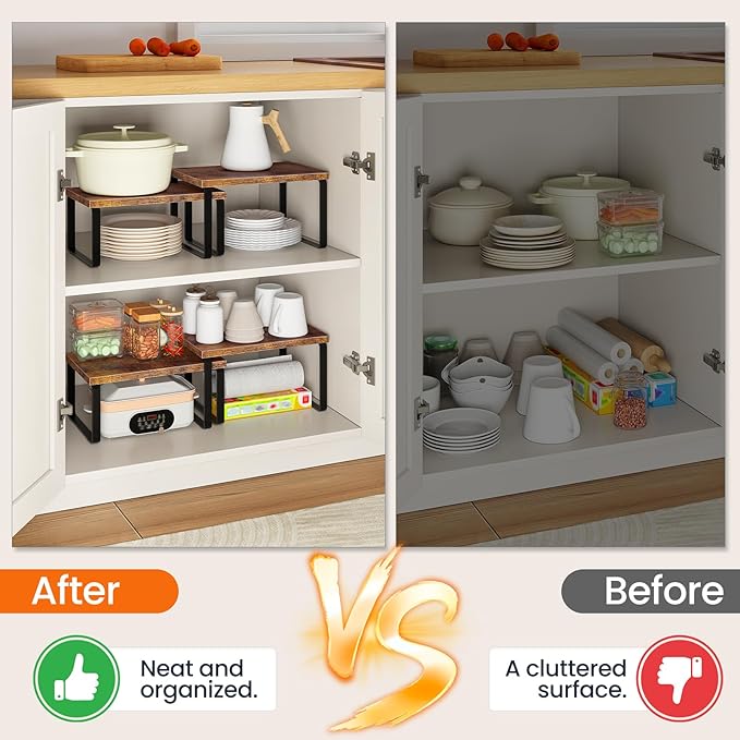 HOOBRO Spice Rack Set of 2, Kitchen Counter Organizer, Kitchen Storage, Cabinet Organizer Shelf, Nest, Stackable, Side-by-Side & L-Shape for Cabinet, Kitchen, Rustic Brown and Black BF33TL01