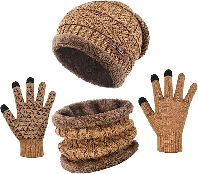 Winter Beanie Hat Scarf Glove Set for Women Snow Knit Thick Fleece Lined Ski Hat,Mens Warm Neck Warmer Touchscreen Mittens
