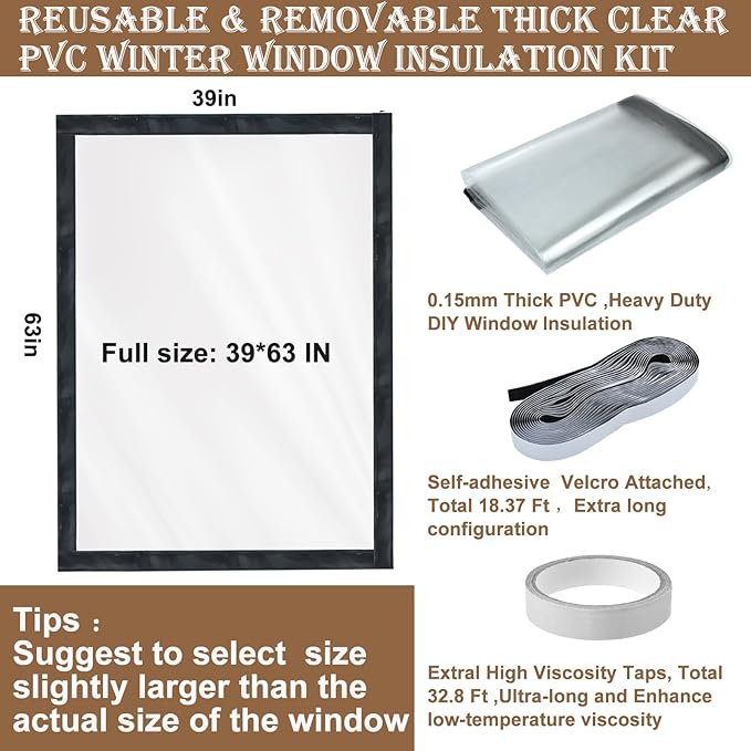 Window Insulation Kit for Winter Adjustable Plastic Insulated Window Cover Sealer Reusable Thermal Thicken Clear Insulation Wrap Transparent Film with Hook and Loop Tape for Winterizing 39'' x 63''