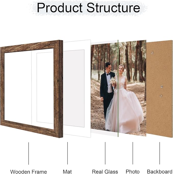 iRahmen 12x12 Picture Frame Set of 4 with Tempered Glass, Rustic Frame Display 10x10 Pictures with Mat or 12 x 12 Without Mat, Wood Square Photo Frames for Desktop Display and Wall Mounting