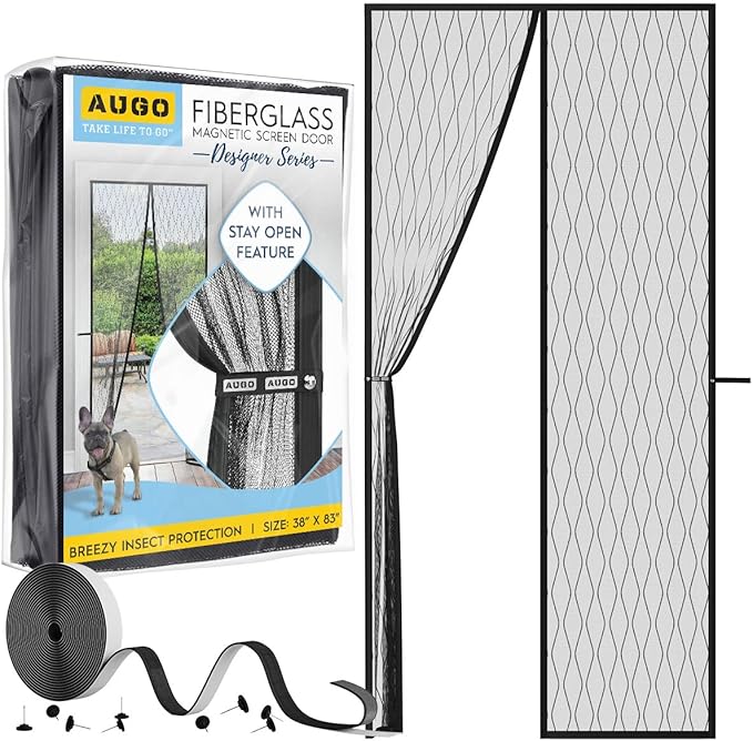 AUGO Magnetic Fiberglass Design Screen Door - Self Sealing, Heavy Duty, Hands Free Mesh Partition Keeps Bugs Out - Door Screen Magnetic Closure - Patent Pending Keep Open Feature - 38 Inch x 83 Inch