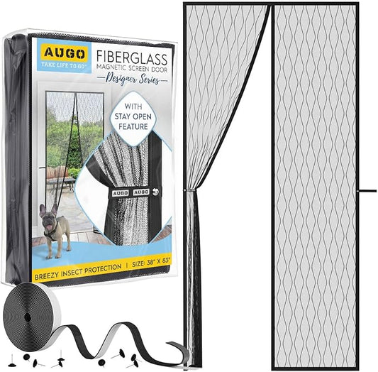 AUGO Magnetic Fiberglass Design Screen Door - Self Sealing, Heavy Duty, Hands Free Mesh Partition Keeps Bugs Out - Door Screen Magnetic Closure - Patent Pending Keep Open Feature - 38 Inch x 83 Inch