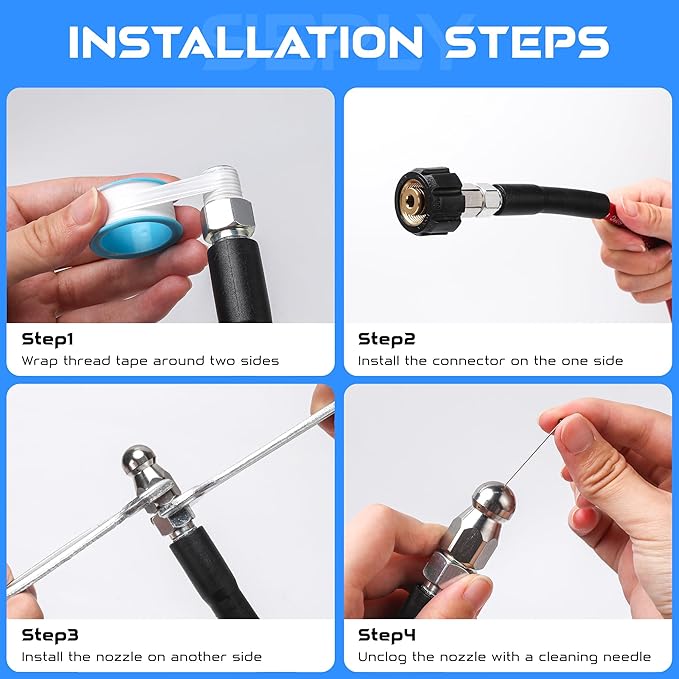 Sewer Jetter Kit for Pressure Washer, 100FT 5800 PSI Drain Cleaner Hose with 1/4" NPT Corner, Rotating and Button Hose Sewer Jetting Nozzle, Waterproof Tape, Pearl Corsage Pin, Spanner, Glove