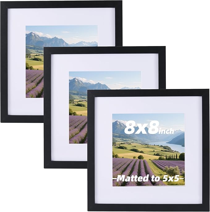 3 Pcs 8x8 Black Picture Frame - Display Pictures 5x5 with Mat or 8 x 8 without Mat - Black Wood Picture Frames for Wall Mounting - Wooden Photo Frame for 8 8 Matted to 5x5 Print Set of 3