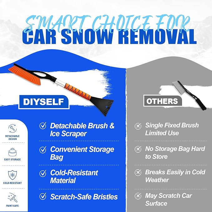 DIYSELF 27" Snow Brush with Two-Size Ice Scrapers for Car Windshield, 4 Pack Detachable Snow Removal Tool, Ergonomic Foam Grip, Snow Scraper for Car, Trucks, SUV, Christmas Stocking Stuffers for Men