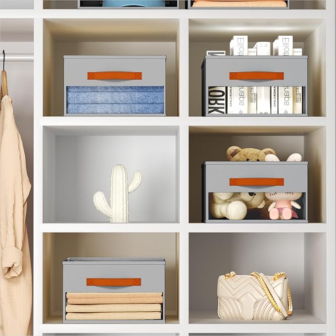 Drawer Organizers and Storage - 12 Pack Foldable Pants Organizer with Clear Window & Handles, Fabric Closet Organizer for Clothes, Jeans, Sweaters, Towels, T-shirt, Scarf (Grey)