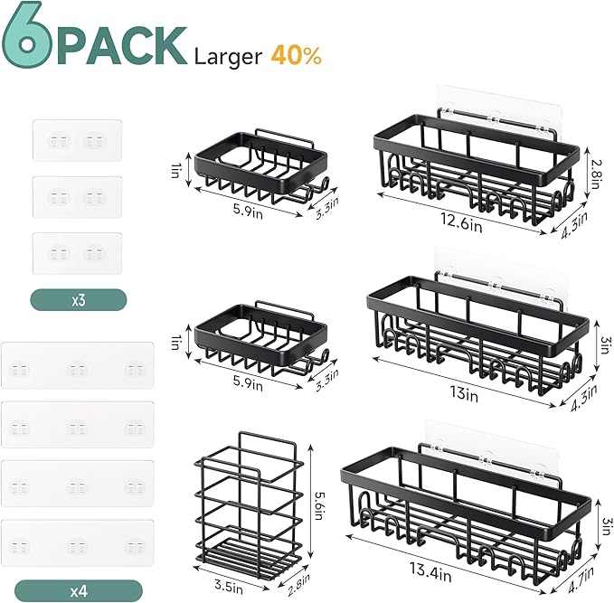 Veken Shower Caddy 6-Pack,Advanced Rustproof Design, No Drilling Adhesive Shelves Rack with Soap Holder, Large Capacity Bathroom Organizers and Storage, Wall-Mounted Kitchen & Home Decor