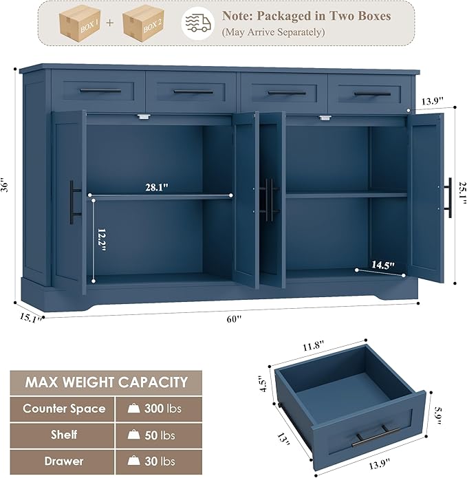 HOSTACK 60" Large Buffet Sideboard with Storage, 36" Tall Kitchen Buffet Storage Cabinet with 4 Drawers, Modern Coffee Bar Cabinet with Gold Handles, Long Sideboard Buffet Table for Kichen, Blue