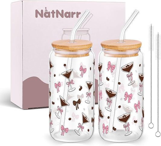 NatNarr 2 Pcs Espresso Martini Gifts, 16 oz Insulated Martini Glass with Lids Brush and Straws Reusable Iced Coffee Cup for Wedding Engagement Bachelorette Christmas Party Stocking Stuffers for Adult