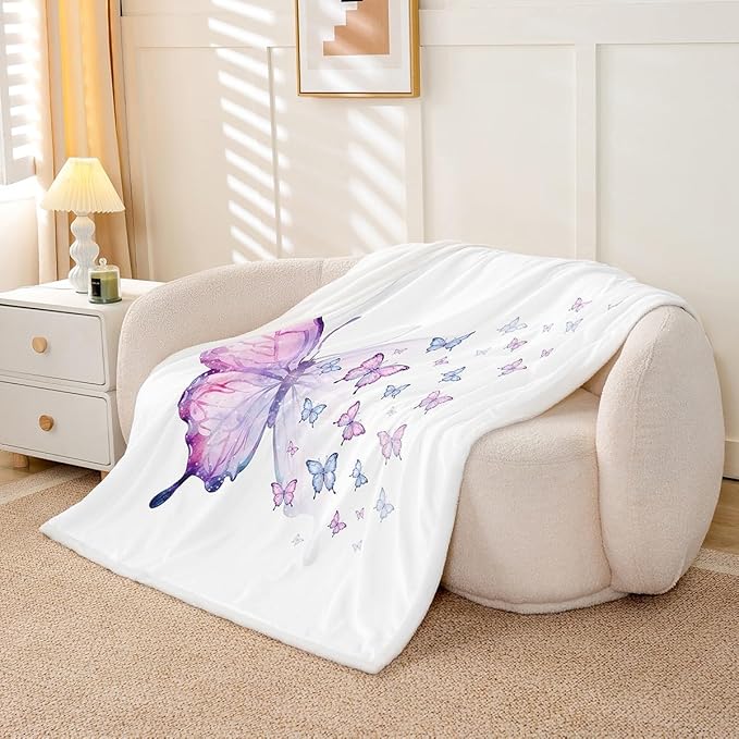 Feelyou Girls Butterfly Fleece Throw Blanket Twin 60"x80" Kids Purple Blue Sherpa Blanket Plush Fuzzy for Bed Couch Chair Living Room, Butterflies Lover Bed Blanket Room Decor