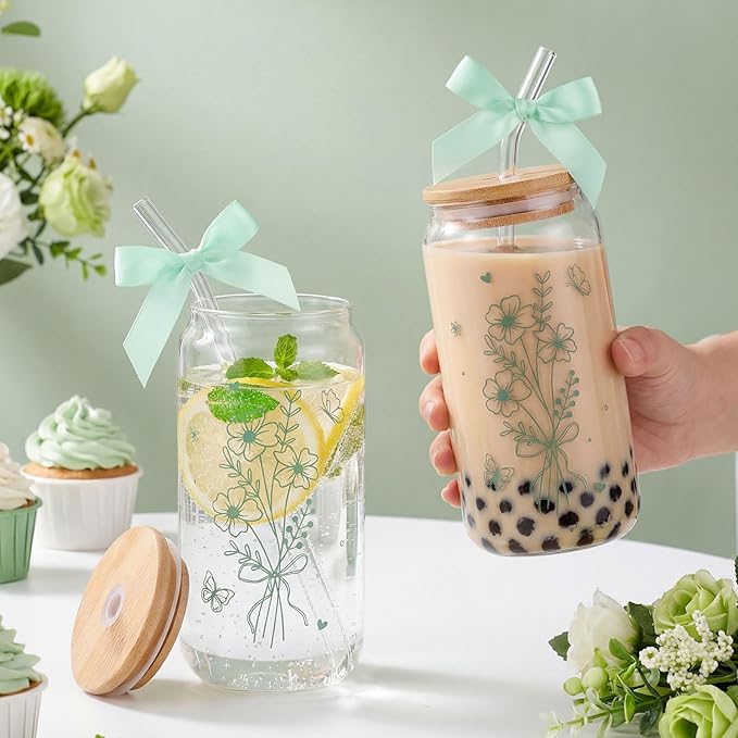 2 Pcs Gift for Women Sage Green Spring Floral Glasses Cups, 16 oz Cute Aesthetic Glass Cups with Lid and Straws Mothers Day Iced Coffee Cup, Idea Gift for Girls New Mom Day Birthday Baby Shower Party