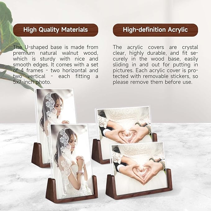5x7 picture frames, Solid Rustic Wooden Photo Frames with Walnut Wood Base and High Definition Acrylic Glass Covers - 4 Pack for Tabletop or Desktop Display (5x7 inch, 4 Pack)