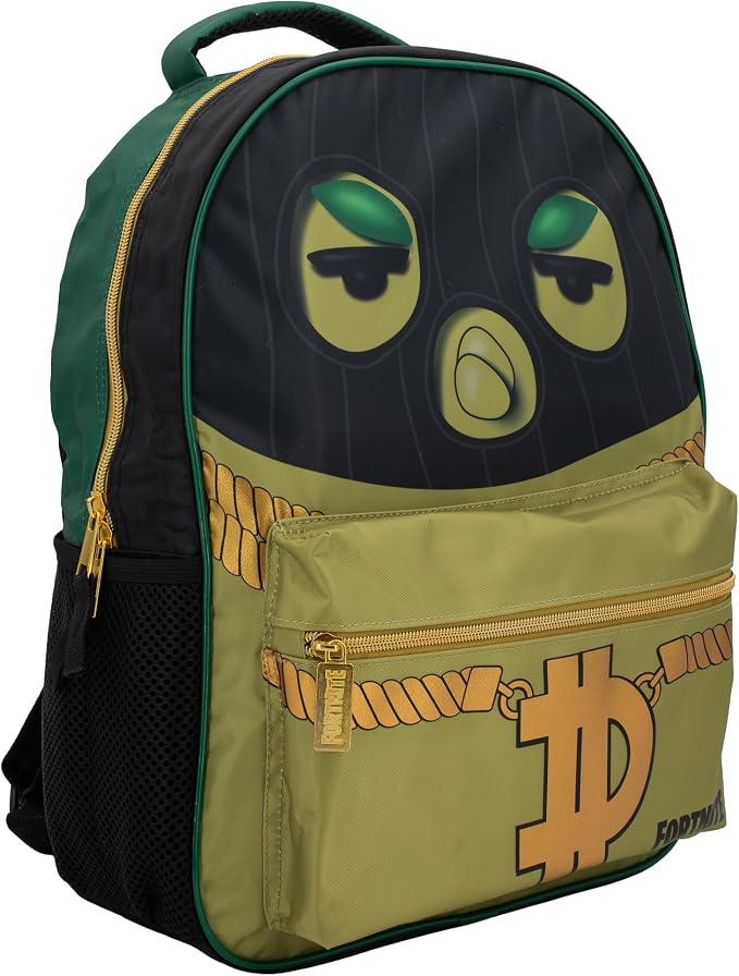 Fortnite Big Dill Backpack for Boys & Girls, 16 Inch Nylon Twill Big Face Schoolbag withMetal Fortnite Zipper Pull, Green