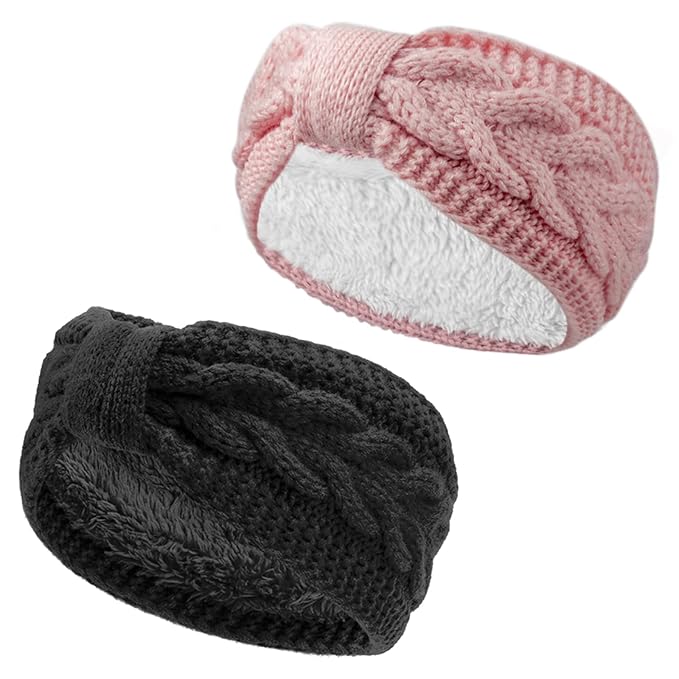 AQOKKA Knit Winter Headbands for Women Fuzzy Wool Fleece Lined Ear Warmers Elastic Turban Crocheted Head Wrap Winter Accessories for Women Cold Weather