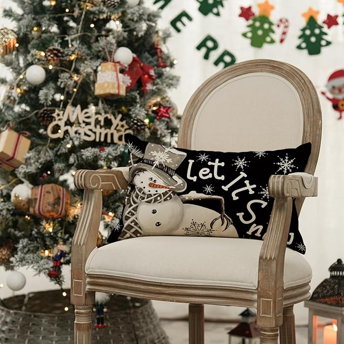 AVOIN colorlife Christmas Winter Polka Dot Snowman I Smell Snow Black Throw Pillow Cover, 12 x 20 Inch Winter Holiday Cushion Case Decoration for Sofa Couch