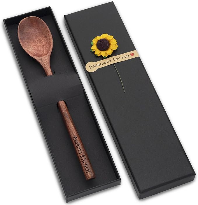 Personalized Wood Soup Spoons, Custom Engraved 9.25 Inch Wooden Spoons for Eating Cooking Mixing Stirring, Long Handle Spoon with Gift Box for Anniversary Birthday Christmas Gifts