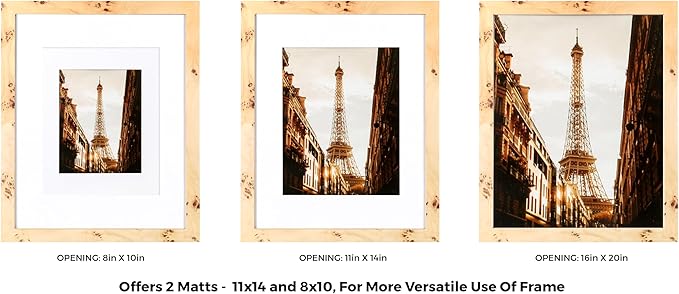 Concepts Set Of 4-16x20 Matted to 11x14 and 8x10 Burl Wood Picture Frames - Natural Wood Finish Picture Frames for Family Photos - Elegant Wallhung Decor in Bulk
