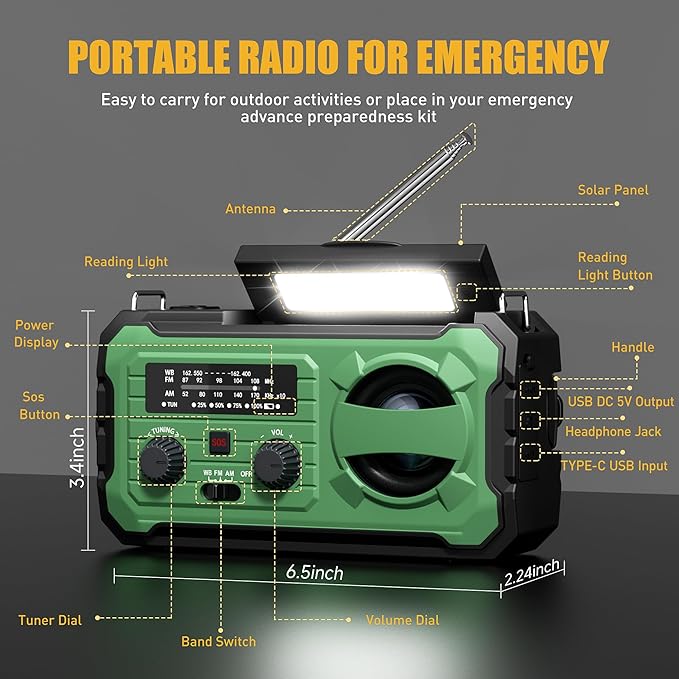 Hand Crank Emergency Radio, 10000mAh Weather Radio with AM/FM/NOAA, Solar Prower, SOS Alarm, Phone Charging, LED Flashlight, Portable Survival Gear for Outdoor & Home Emergencies Kits, Light Green
