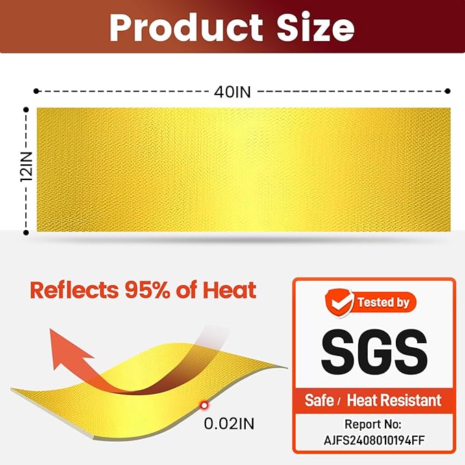 Heat Shield Automotive Aluminum Reflects 95% of Radiant Heat, 12" x 40" Stove Heat Shield Wrap to Protect Refrigerator, Exhaust, Motorcycle, Wood Stove, Cabinet, Fireplace (Gold)