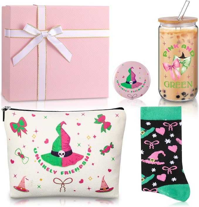 Kacctyen 5 Pcs Pink and Green Gift for Women Witch Stuff 16oz Pink Green Bow Glass Cup Witch Hat Cosmetic Bag Sock Mirror Box Unlikely Friendship Birthday Party Supplies for Movie Lover Gift