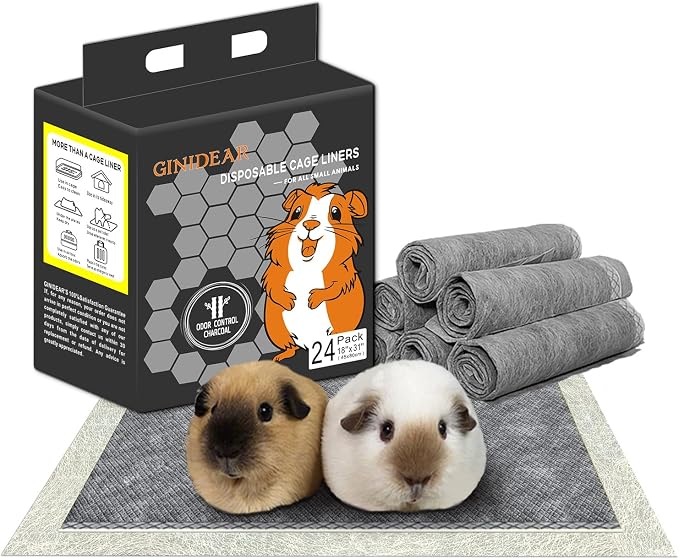 Disposable Guinea Pig Bedding, Cage Liners, Absorbent & Waterproof | Charcoal Odor Control Material, Ideal Pee Pads for Guinea Pigs, Rabbits, Hamsters & Other Small Pets, 18"x31", 24 Count
