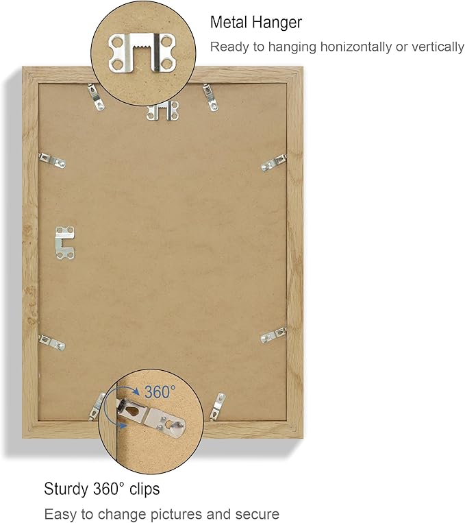 11x15 Picture Frame Set of 4, Made of Real Glass and Natural Oak Frame - Display Picture 10x14 with Mat or 11x15 Without Mat, 11 by 15 Photo for Wall Mounting