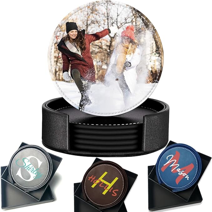 Custom Photo Coasters, Personalized Set of 5 Leather Coaster with Holder Gift Box, Customize Logo Name Letter Monogram, Non-Slip Heat Resistant Waterproof for Coffee Table Bar Beer Wine Cup Party
