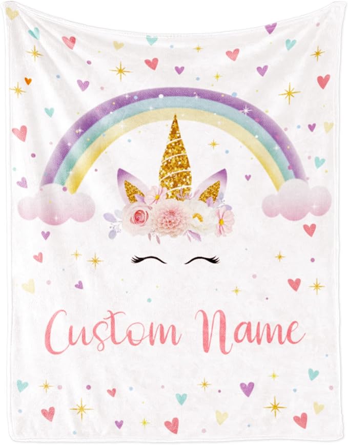 Personalized Unicorn Blanket with Name for Girl, Custom Kids, Soft Flannel Pink Toddler Customized Gift Birthday Christmas Baby Shower Newborn 30'' X 40''