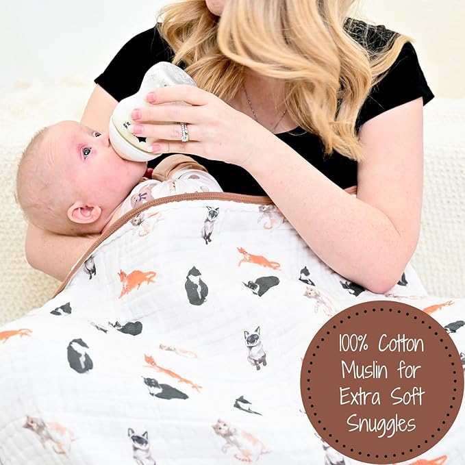 LollyBanks Muslin Baby Blanket 100% Organic Cotton, Muslin Quilt Lightweight, 6 Layers Baby Blankets 47"x 47", Toddler Blanket for Boy and Girl, Nursery Receiving Blankets (Cats Print)