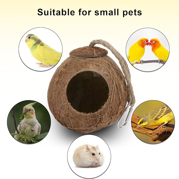 Hypeety Pet Bird Breeding Nest Natural Coconut Bird Hideout Hut for Cage | Natural coconut shell, for sleeping/breeding, easy to hang, swing toy, for parakeet/cockatiel/finch/hamster, with sturdy hook