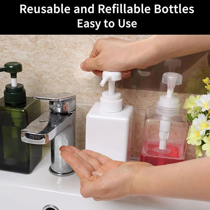 450ml (15.2oz) Pump Bottle Dispenser Jansburg 2Pack Refillable Square Plastic Lotion Dispenser Empty Lotion Pump Bottle for Essential Oil Soap Lotion Shampoo, Bathroom/Kitchen/Travel White