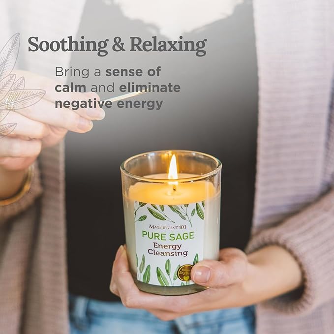 Magnificent 101 Pure Sage Energy Cleansing Aromatherapy Glass Candle for Meditation, Manifestation, and Intention-Setting - 6 oz Natural Soy Wax and Essential Oil | 56-Hour Burn Time