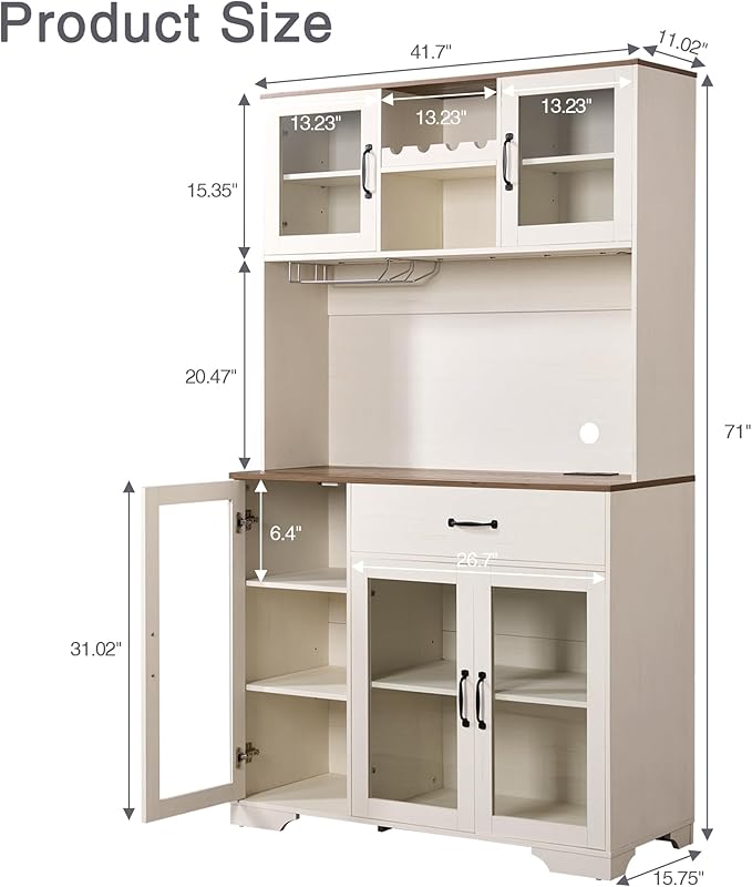 Fatmok 71" Pantry Cabinet with Wine Rack and Charging Station, Set of 2 Tall Coffee Bar Cabinets with LED Lights, Drawer, Adjustable Shelves, Kitchen Hutch Storage,Off-White