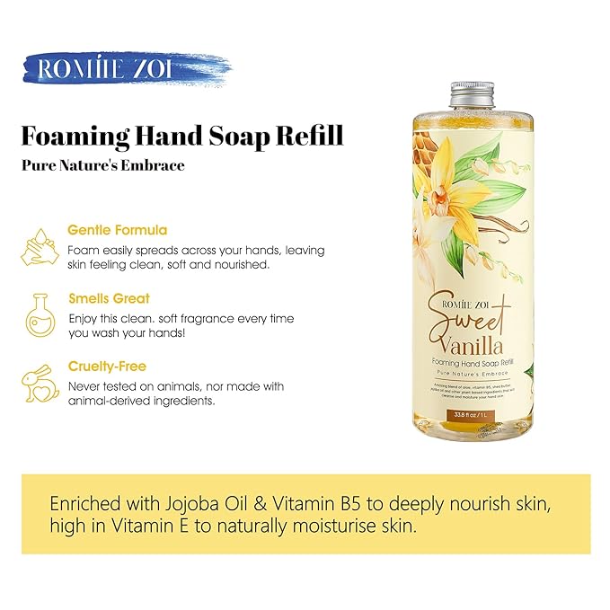 ROMIIE ZOI Foaming Hand Soap Refill, Sweet Vanilla, Gentle & Moisturizing Formula, 1 L/ 33.8 FL OZ