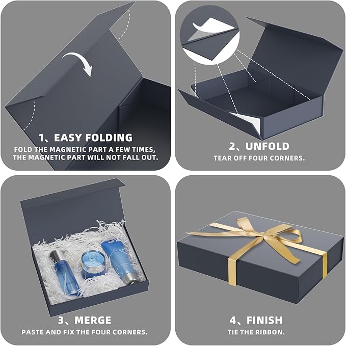 5 Pack Gift Boxes with Lids, 11 x 8.2 x 2.3 Inches Gentle Packing Box for Presents Ribbon Magnetic Closure, Luxury Wrapping Gift Boxes for Weddings, Birthdays, Chrismas, Halloween, Blue