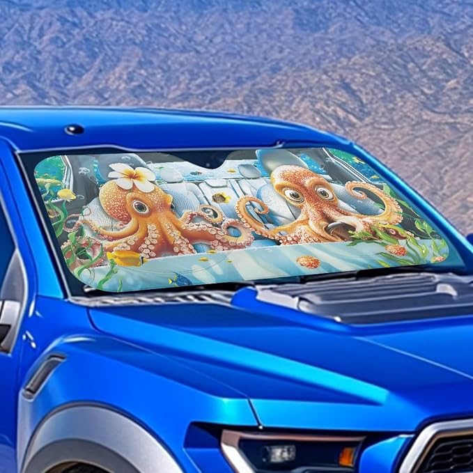 Octopus Print Car Front Windshield Sun Shade Foldable Funny Cute Window Sun Visor UV Rays & Heat Protection Reflector Sunshade Offers Protection for Car Interior for Pickup Truck SUV